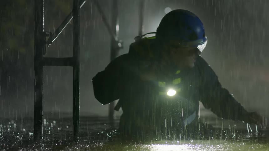 A responder is searching through the flood waters with a flash light