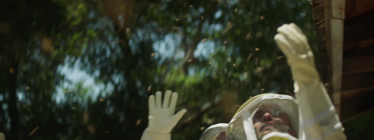 Three beekeepers laugh and raise their arms up as dozens of bees swarm around them