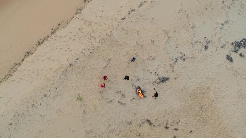 A group of people clap and dance around a bonfire in the sand during the day