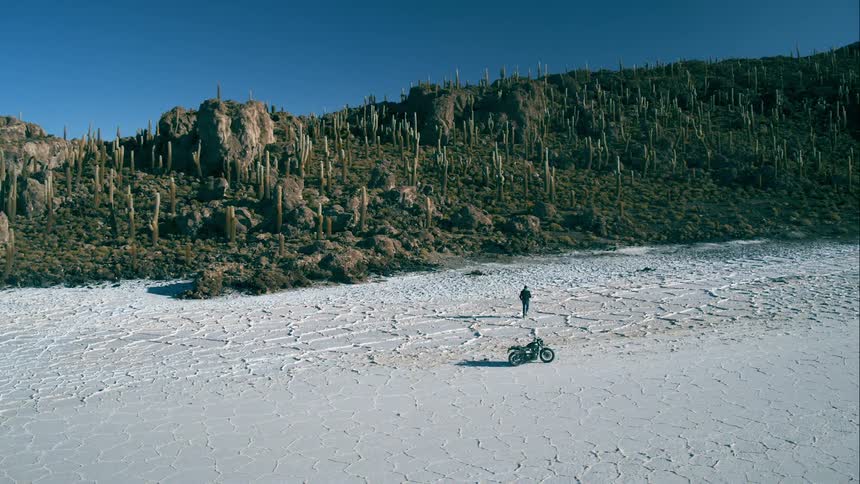 A man walks away from his motorcycle and heads towards a hill with cactus