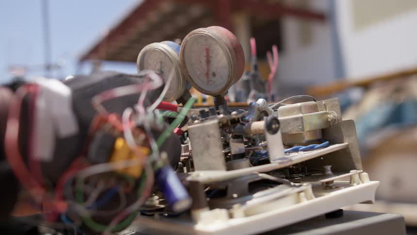 A person attached clamps to wires attached to gauges in a workroom setting