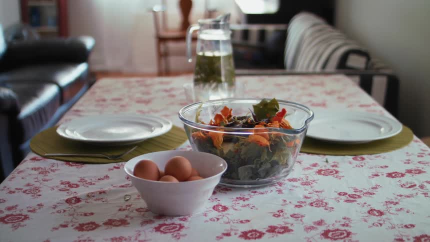 Food sitting on a table in a home