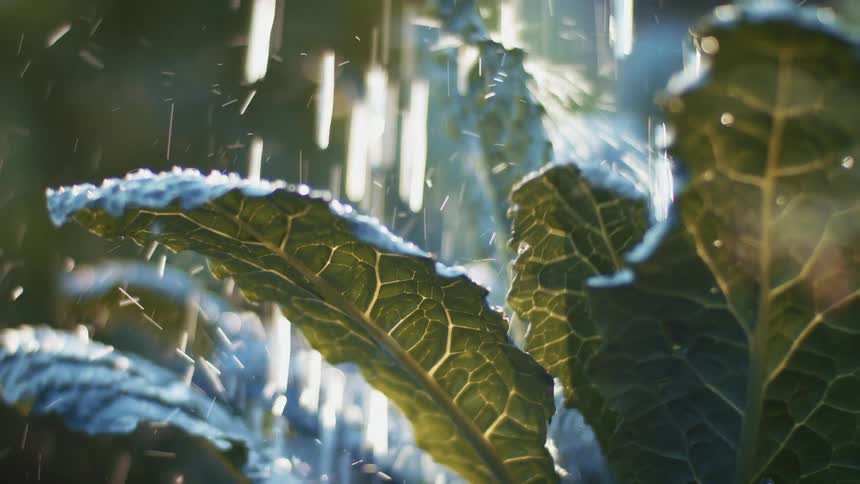 A plant with long green leaves being watered