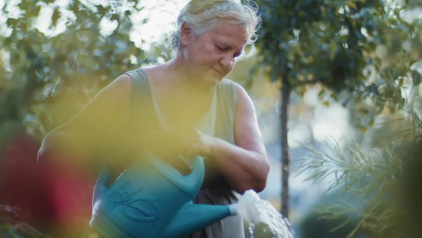 A woman is watering her garden