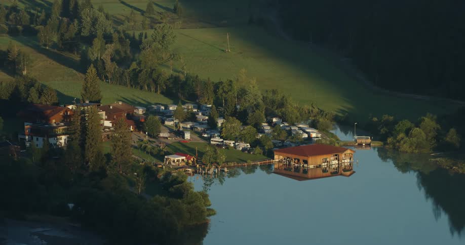 A small town is on the lake front