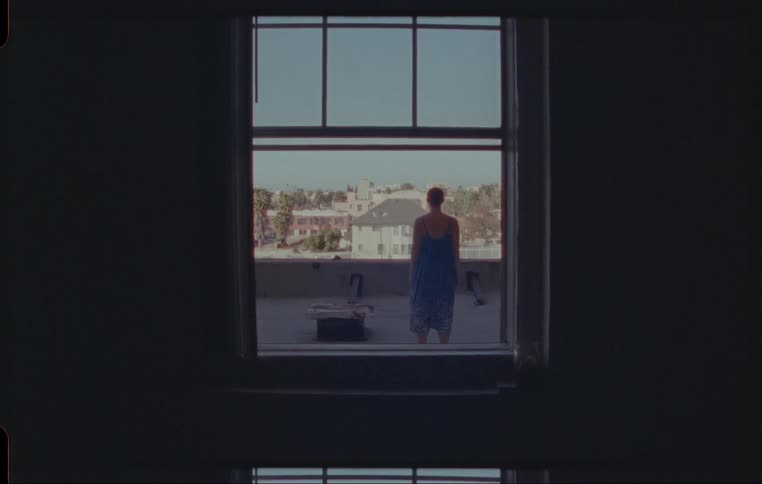 A woman climbs out a window and stands on a rooftop and looks at the houses across the street