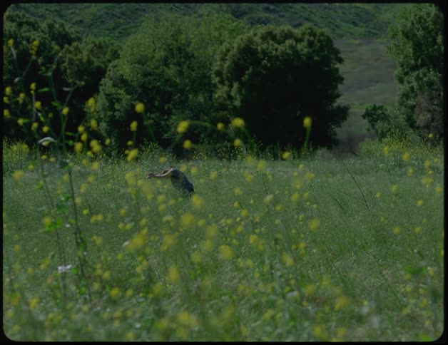 A young woman dances in a field of tall grass during the day