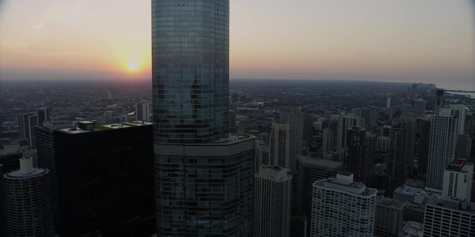 Aerial view of a city at sunset