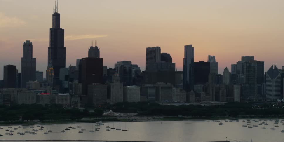 A city skyline at sunset