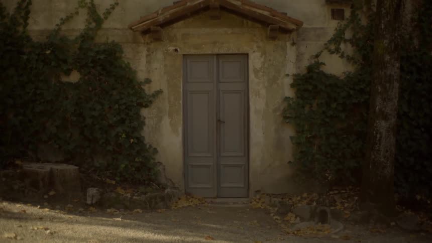 A stone building has a grey door in front