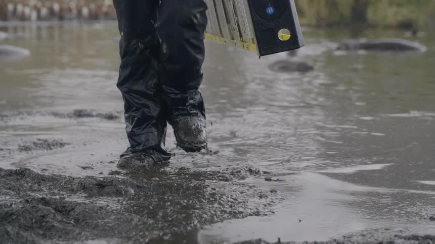 Man carries a yellow ladder through the wet sand of a marsh