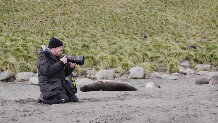 Man kneels as he takes a photo with a camera while a seal lays between him and the creek
