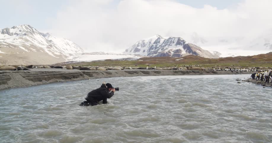 A man lays down in an arctic river with a camera and looks towards a group of penguins