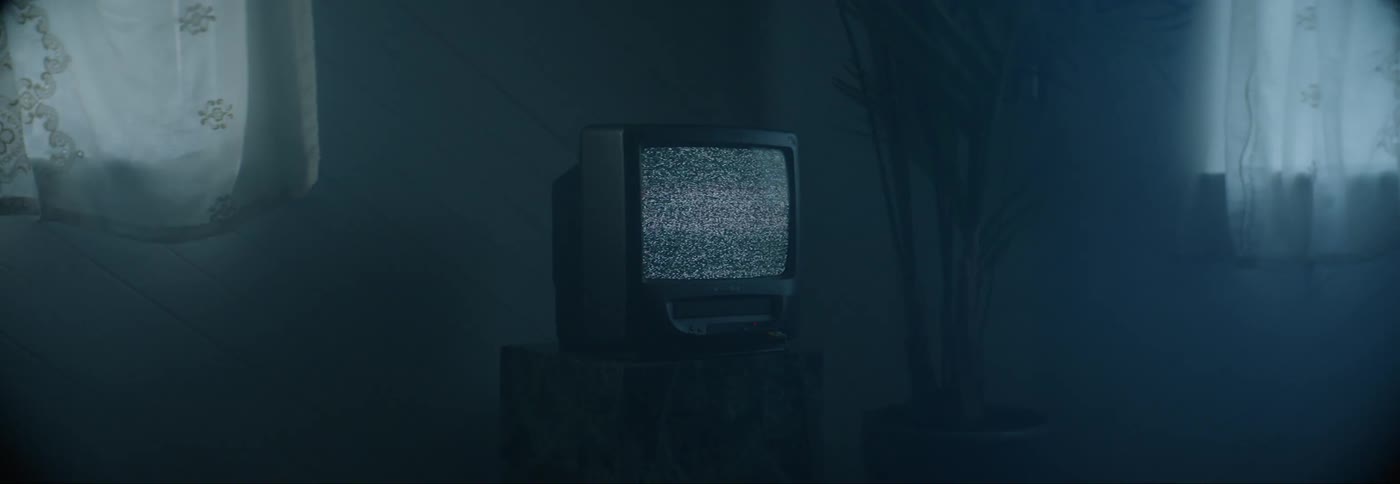 A television displays static in a living room