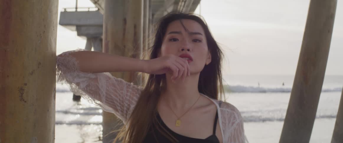 Asian woman with a black bikini and a white transparent dress faces the camera with eye contact under a pier on the beach