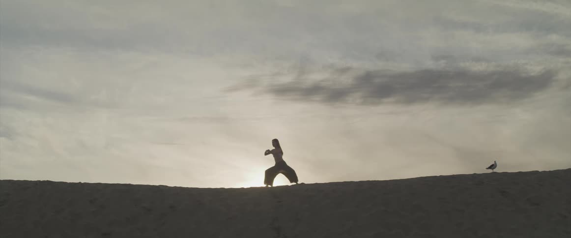A woman practicing martial arts on the beach