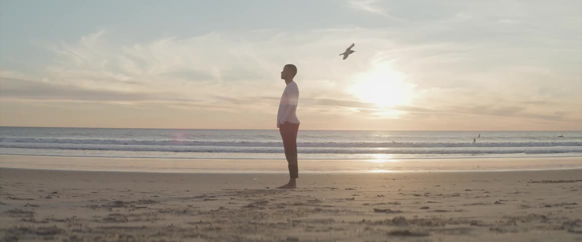 A man is standing on the beach at dusk
