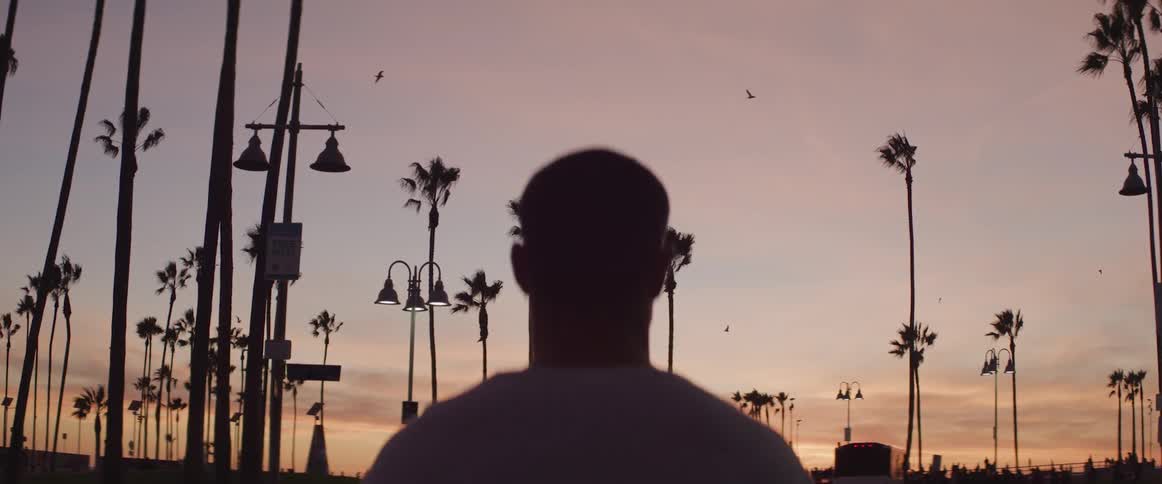 A man in a white shirt standing with trees the sky and birds flying in the background