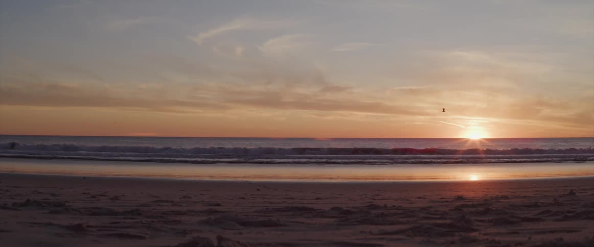 A beach with sand with a bird flying in the sky with clouds and a sunset in the background