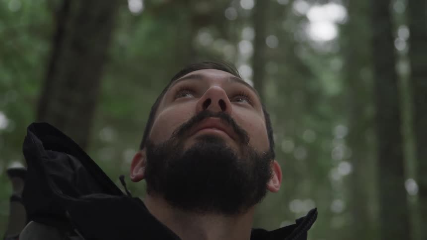 A man with a jacket in the woods with trees and the sky in the background