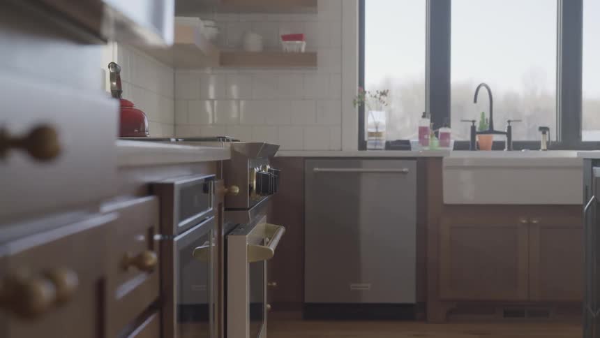 View of a kitchen used for cooking and food preparation