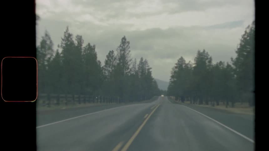 A view from inside a vehicle speeding down a narrow highway through a forest on a cloudy evening