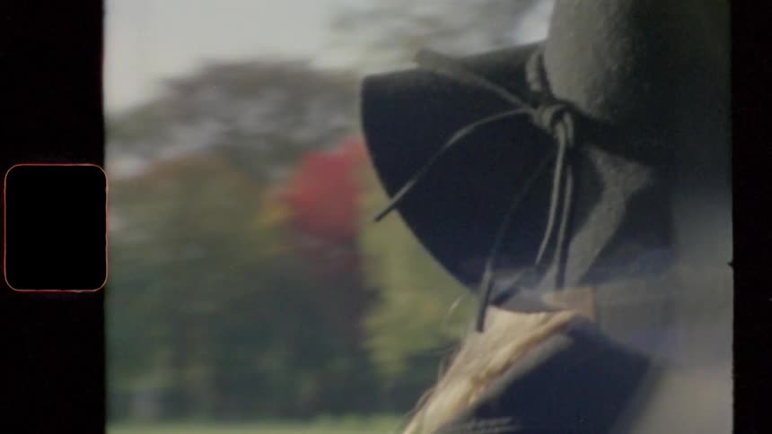 Woman wearingdark sun hat look out across mowed field toward trees displaying fall foliiage