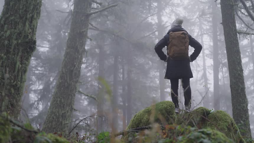 Woman with a white beanie a black coat and a brown backpack stands on a rock in a foggy forest