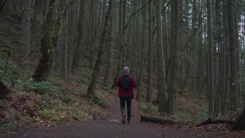 A man with a hat and backpack walking on a pathway in the woods
