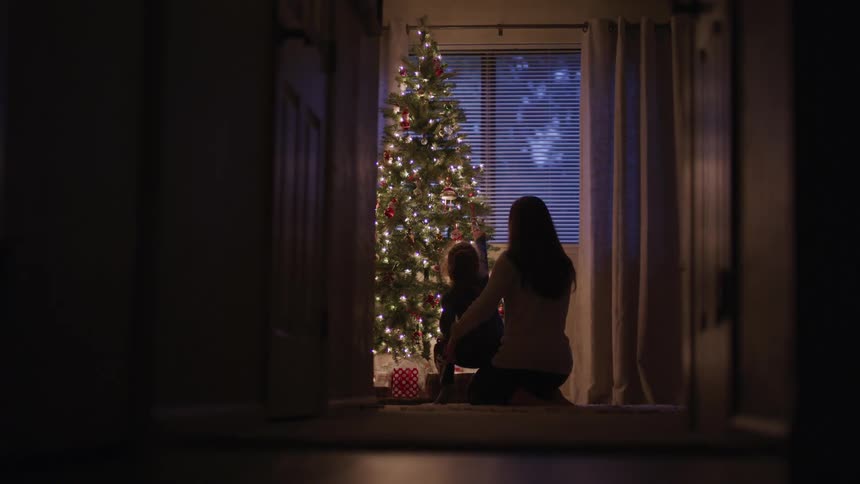 Mother and daughter sitting on the floor of the living room looking at a christmas tree
