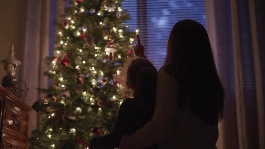 Girl standing next to older female points up toward top of decorated christmas tree standing near window