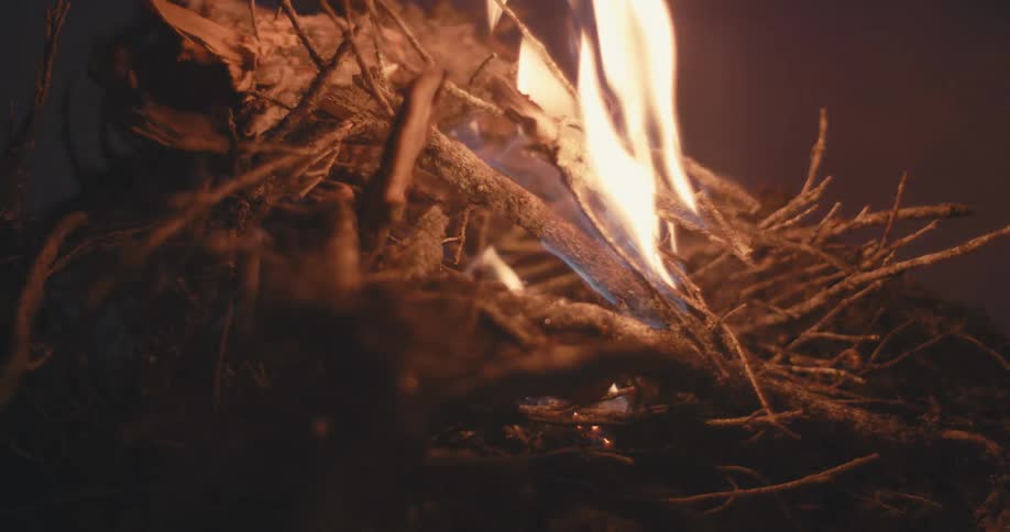 A fire takes hold on kindling