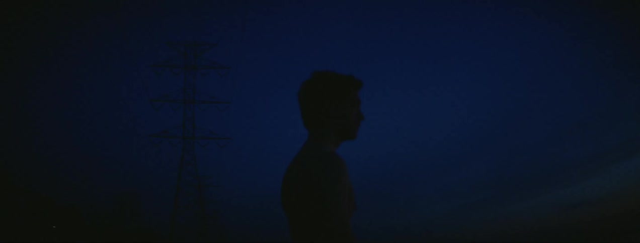 A man is standing near the water at dusk