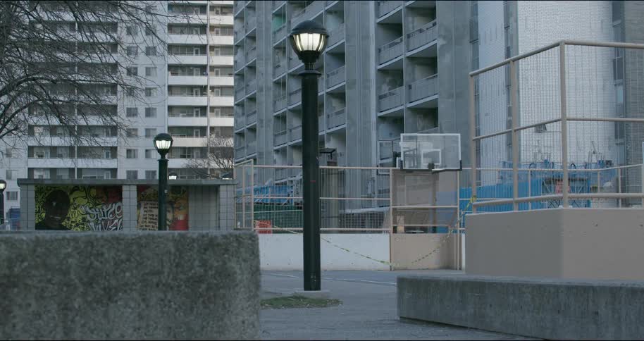 Housing estate and closed basketball court during lockdown due to the coronavirus