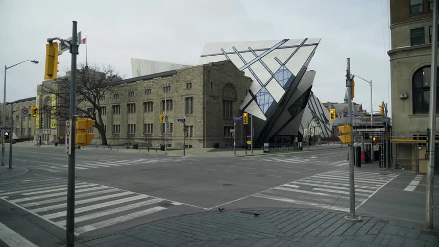 The empty intersection and city streets around the royal ontario museum