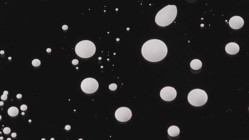 Circular white paint bubbles float in a black liquid and create a design looking like outer space