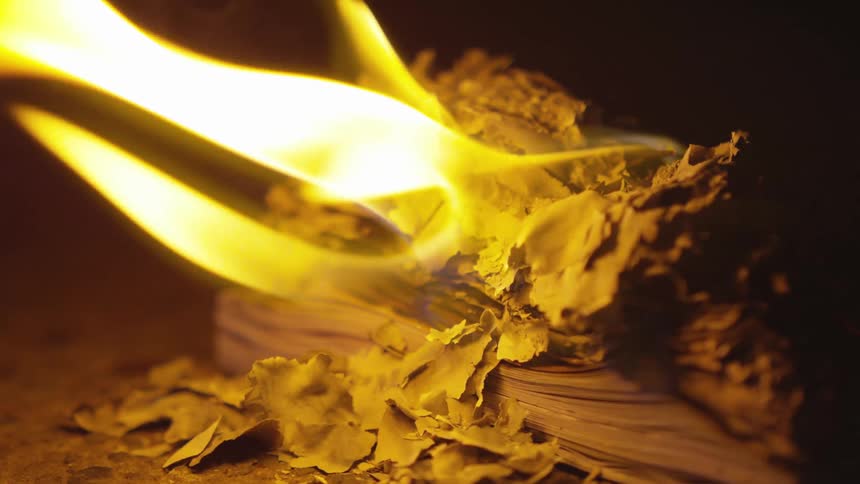 A small fire burns continuously from a small piece of wood