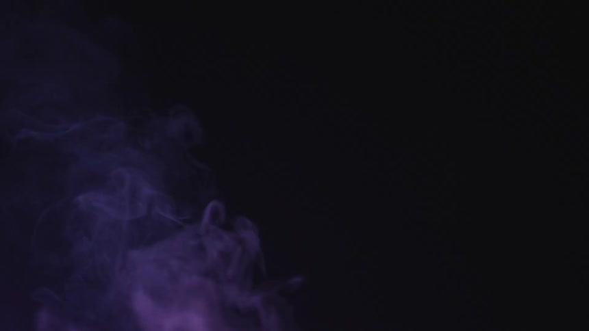 Purple smoke cloud rises and rifts against black background