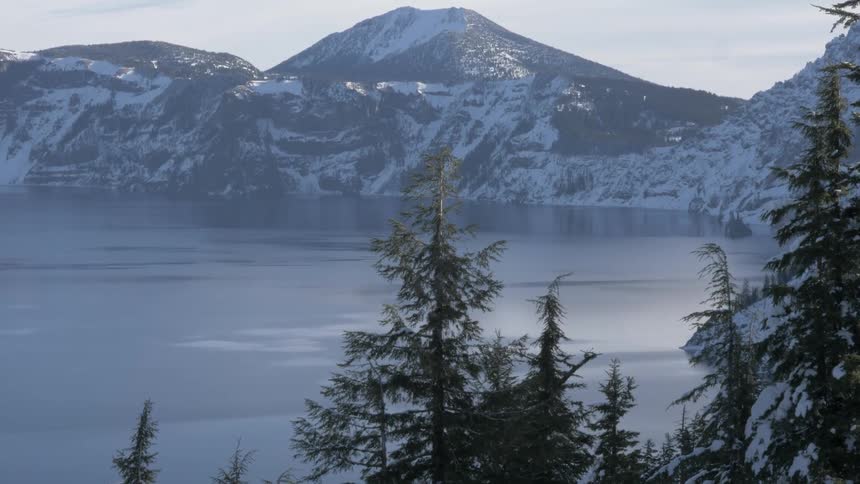 Pine tree forest on the slopes of a snow covered mountain range next to a lake