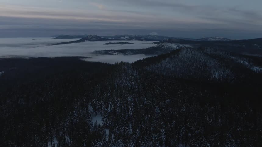 An aerial view of a mountain forest in winter