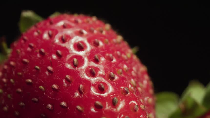 Seeds cover a juicy red strawberry