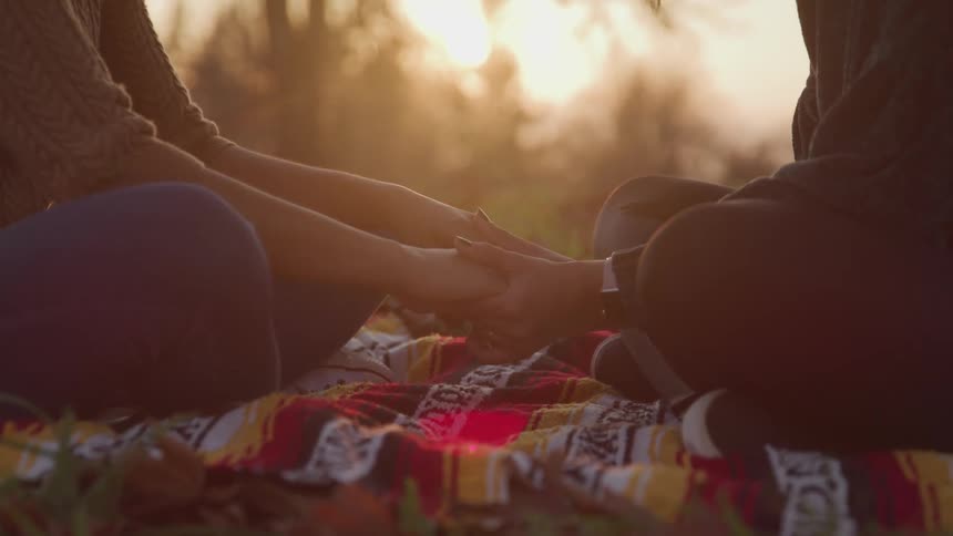 A couple hold hands on the picnic basket
