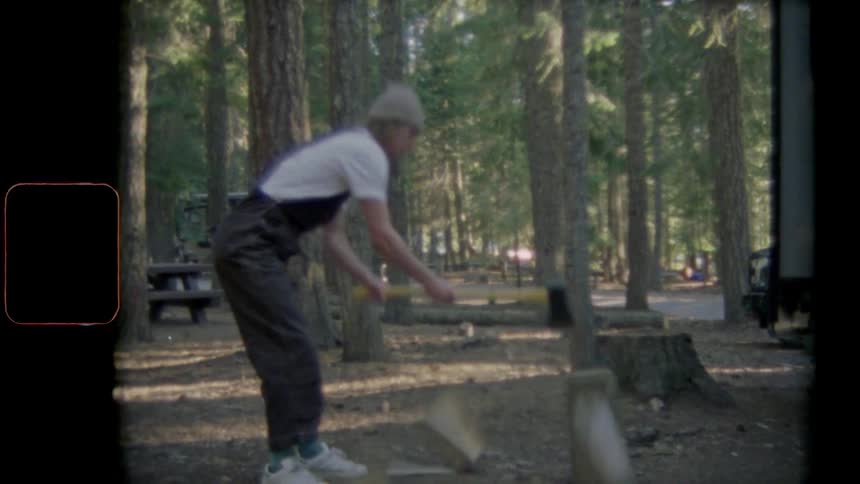 A man is splitting logs in the woods