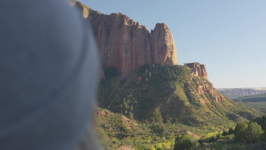 Person wearing knit hat looks out toward rough terrain off canyons and mesa covered in vegetation