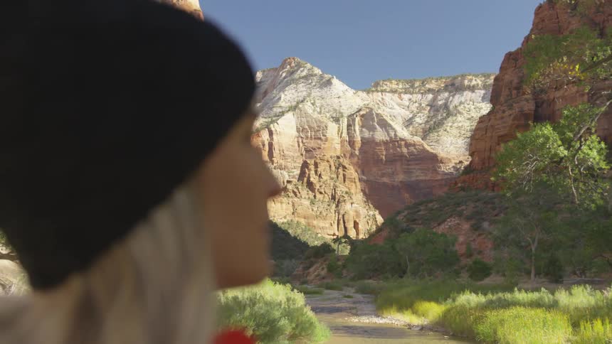 A woman standing at the base of a canyon looks at it