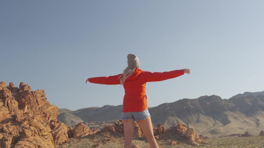 A woman with a hat standing on a cliff with a canyon and the sky in the background