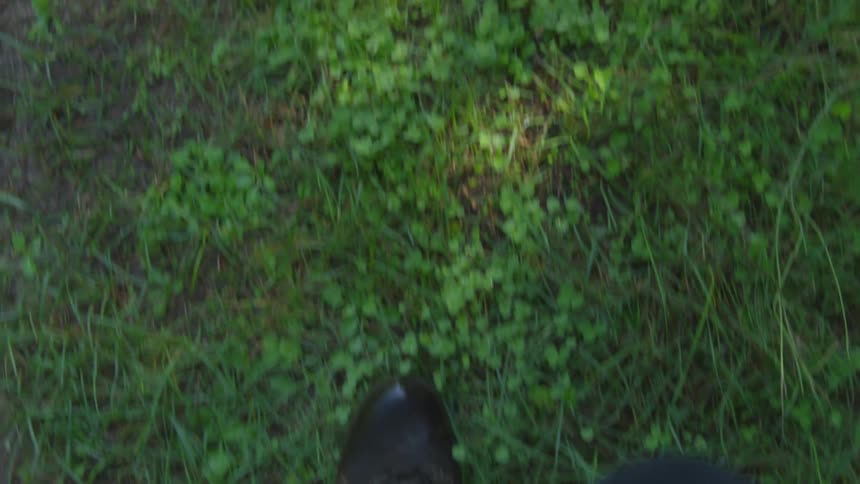 Top down view of boots walking over the green grass outdoors