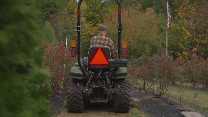 A white farmer wearing a hat and plaid shirt sits on a john deere tractor driving between rows lined with blueberry bushes