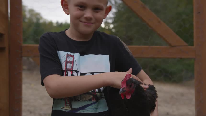 Boy holds and pets black chicken near gate fence backed by trees
