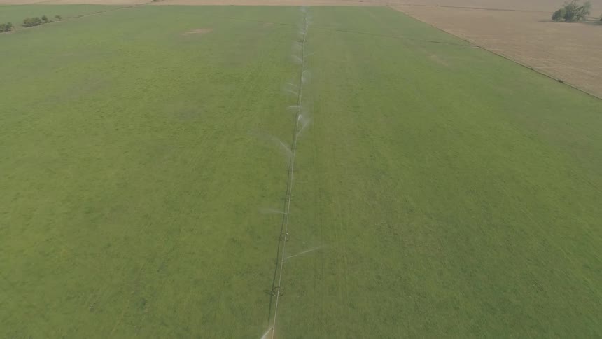 An aerial view of an irrigation system on a farm